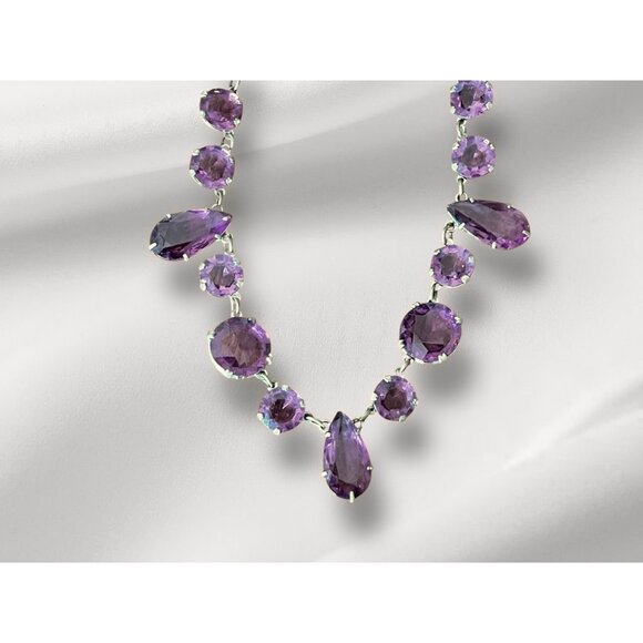 Amethyst Colored Rivière Necklace With Teardrop Accents 15” Glass Crystal - Picture 3 of 12